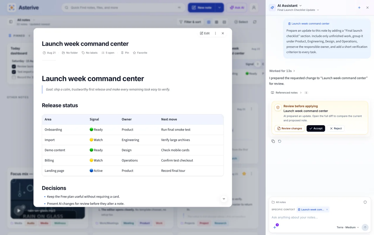 Asterive AI Assistant presenting a prepared note update for review before applying