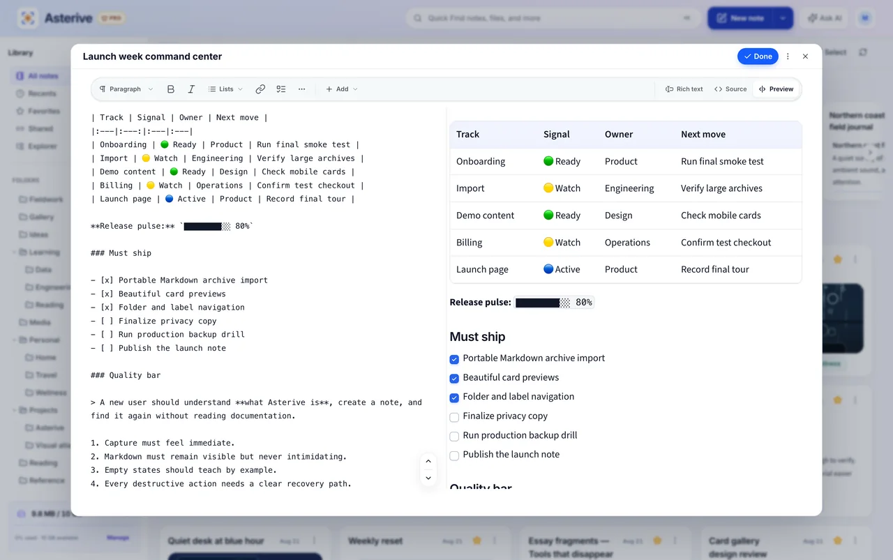 Asterive note editor showing source, preview, tasks, and a structured table