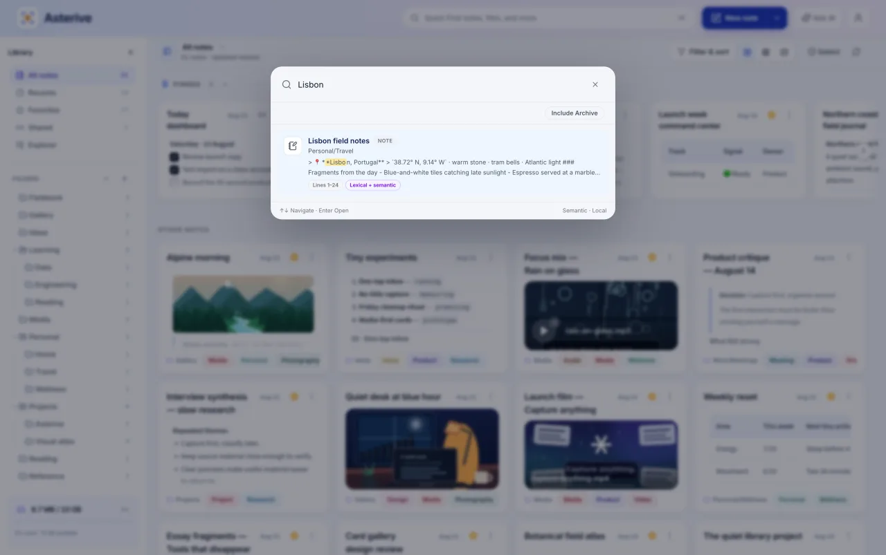 Asterive Quick Find searching across the library and returning matching notes