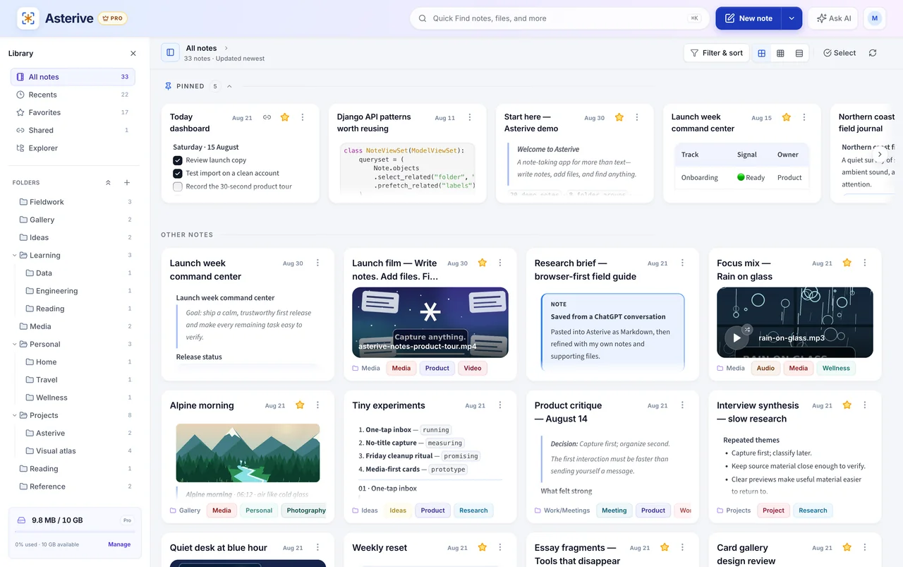 Asterive note library with pinned notes, folders, labels, files, and media