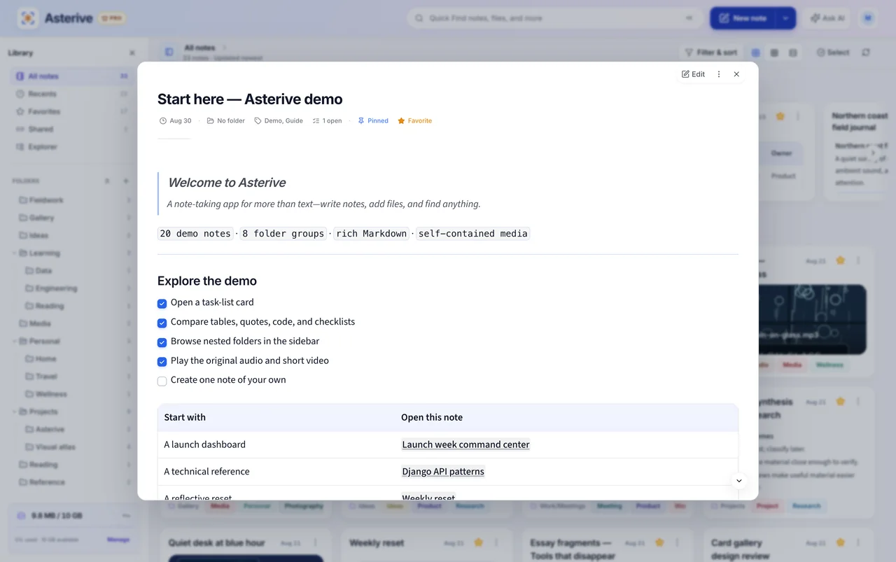 Asterive note reader showing a polished, focused reading view